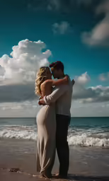 the woman and man are hugging at the beach