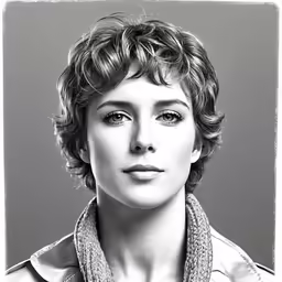 a woman with wavy hair is in front of a gray background