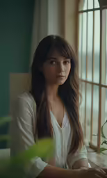 woman in white shirt sitting at a desk by the window