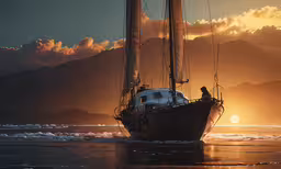 the boat is sailing on the calm water,the sailing boat is headed down the waves at sunset