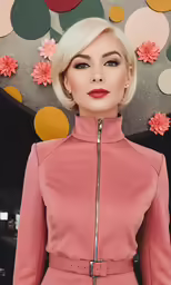 the blonde woman is wearing a pink dress with pink flowers on it