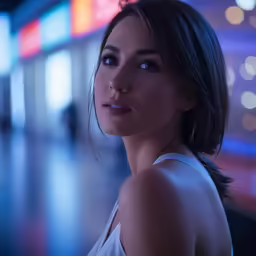a woman with bangs on looking back and to her right