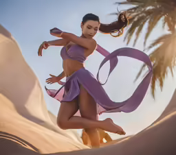 a woman in a bikini with a scarf around her neck in the sand