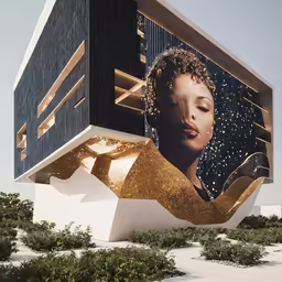this advertisement features the image of a woman in a gold dress