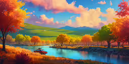 this painting is an animated style, but shows the scenery of autumn,a painting of a lake, mountains, and trees