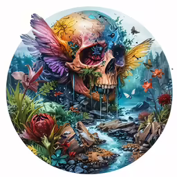 a skull surrounded by flowers and water