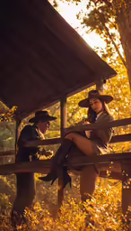 a man and woman dressed in old western wear sit together