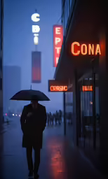 a man walking down the street in the rain with an umbrella
