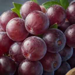 a close up image of grapes and leaves in a glass bowl