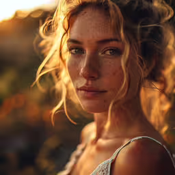 the image of the woman with freckles on her face looks at the camera,the woman has frizz all over her face