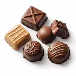 assorted chocolate pieces are shown in various sizes and shapes