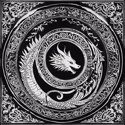 the design is in black and white,a circle of ornamental art, containing an eagle and moon