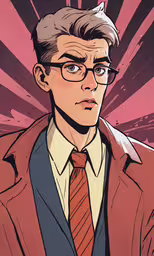 a close up of a person wearing glasses and a tie,a man wearing glasses and a red jacket