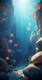 an underwater cave with rocks and mossy plants