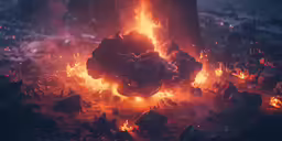 a fire blazing behind a forest filled with stones