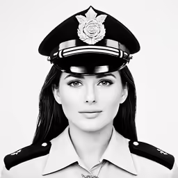 a black and white photo of a woman wearing uniform