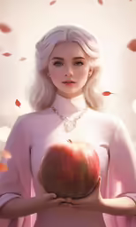 a digital rendering of a woman in pink holding an apple