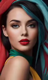 a woman wearing red lipstick and a green shawl