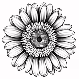 a black and white picture of a large sunflower,the front of a sunflower is shown with black ink