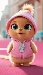 stuffed animal doll with pink outfit standing on pink surface