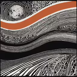 a poster with wavy lines, waves and the moon,an orange and white pattern is shown above the water
