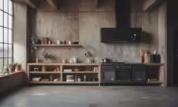 an empty kitchen with a lot of shelves in it