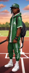 a person on a tennis court with a backpack,a painting of a tennis player on a court