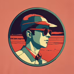 a man in baseball attire and sunglasses on a peach background,an illustration of the character michael bond from the hitman