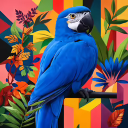 a large parrot with bright blue feathers and flowers