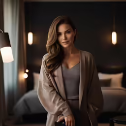 the beautiful lady is posing in her suite