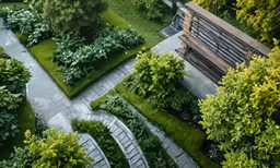a park has green lawns and an empty bench