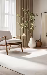 a white and wooden chair in a room with windows