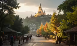 a scenic street in the evening with many pedestrians and buildings