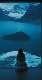 a woman standing looking out over a snow covered mountain