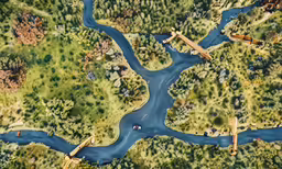 a model of a river, a train track and a plane