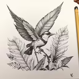 a pencil drawing of a bird and leaves