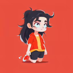 anime character in a red shirt, with long hair and brown eyes