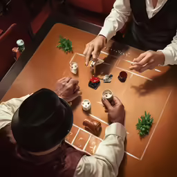 men playing board game at restaurant table with chairs
