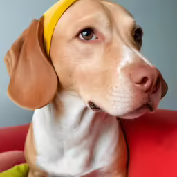 a dog wearing a yellow headband sitting on top of a red chair