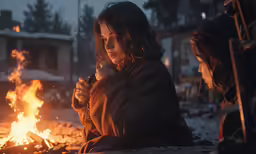 woman sitting in front of a bonfire at night