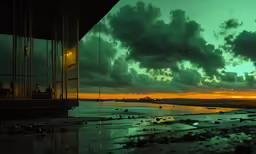 a view of a green sky and some clouds from outside of a building