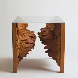 a table made of wood and glass with small brown rocks