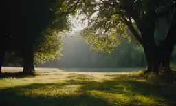 sunlight shining through a row of trees in the grass
