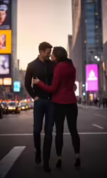 a couple is looking into each others eyes while standing near the city street