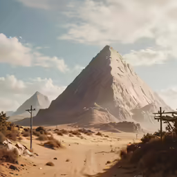 the mountain is on top of the hill with two cross posts