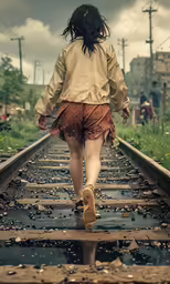 a woman walking down train tracks wearing brown shorts