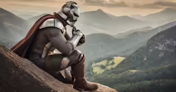 a guy in armor sits alone in the mountains