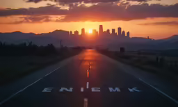 the sun sets over a large city with traffic