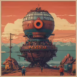 an image of some weird looking things outside,the poster depicts a surreal space station with a huge, round thing