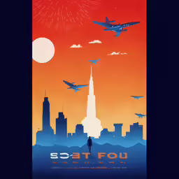 a poster depicting an airplane flying over a city